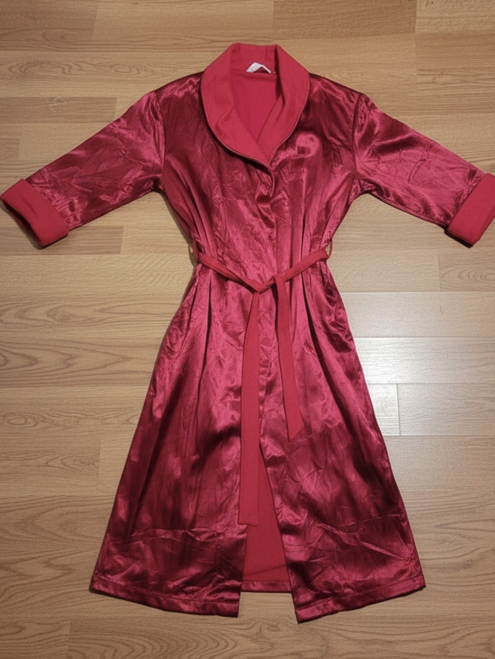 Victoria's Secret Red Satin Shawl-Collar Robe with Belt, Flannel Lined, Pockets